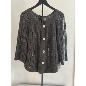 Pure Handknit Crochet Cardigan L/XL Charcoal Open Weave Boho Cottagecore
